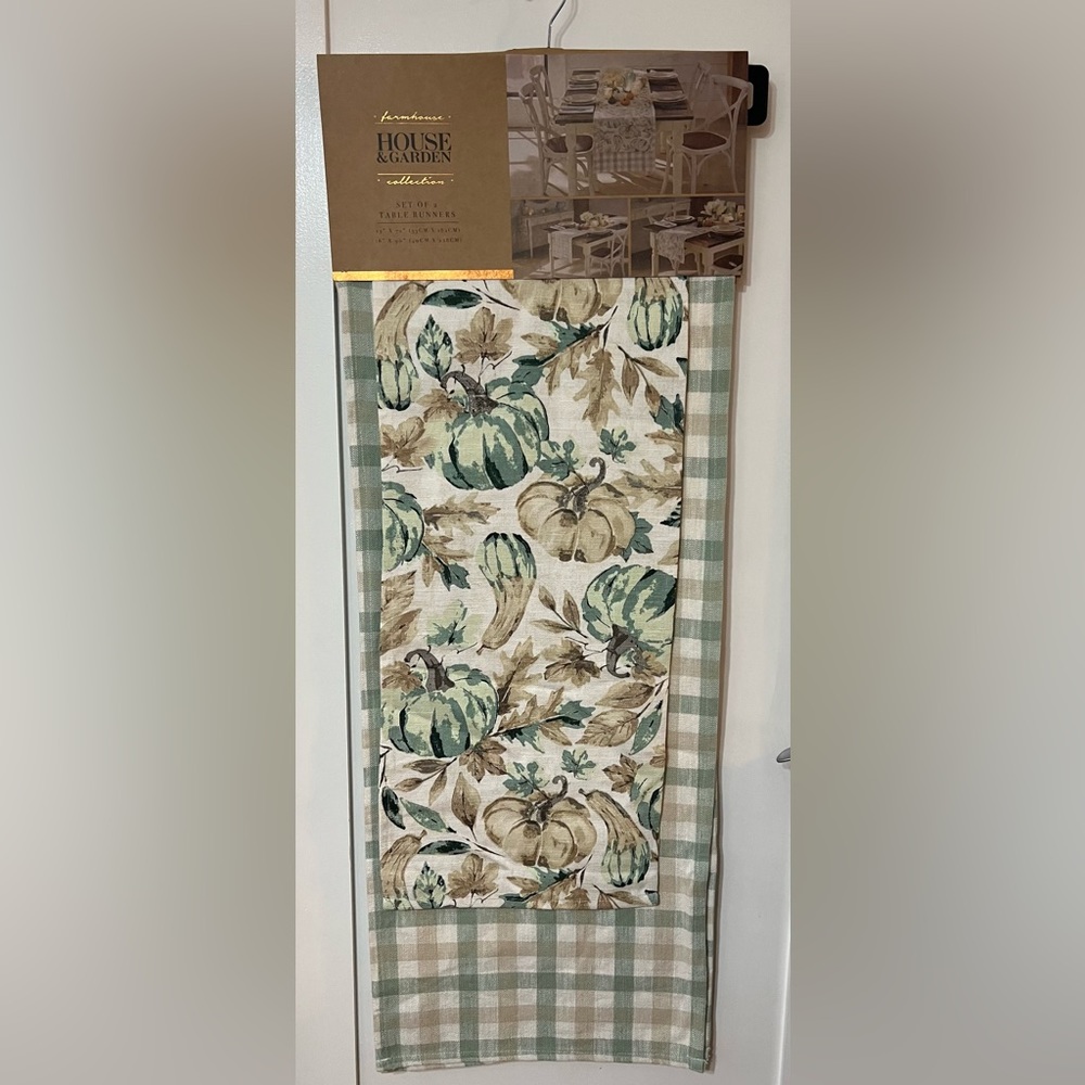 NWT Table Runner Set Fall Farmhouse Collection 2 Harvest Plaid Pumpkins Gourds